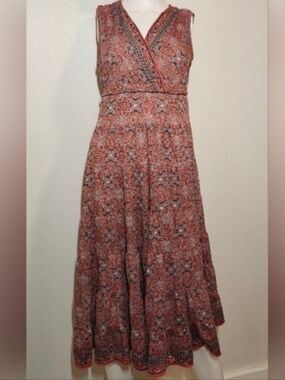 Max Studio Red Printed Midi Dress Boho Casual Flowy Lightweight Women’s Size SM